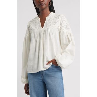 Treasure & Bond Appliqu&eacute; Yoke Balloon Sleeve Cotton Top in Ivory Egret at Nordstrom Rack, Size Large