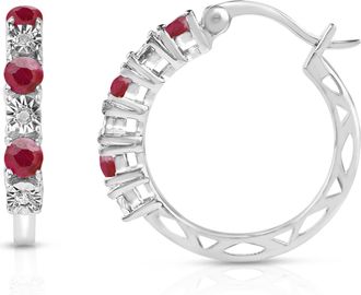 MAX + STONE 925 Sterling Silver Real Diamond and Gemstone Hoop Earrings