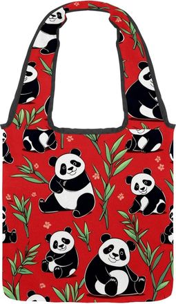 Generic Cute Panda on Red Reversible Canvas Shoulder Tote - Double-Sided Print, 12oz Cotton, 27cm Drop, Fold-Flat Bag for Travel, Shopping, Street Outings