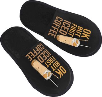 Generic Mens Slipper Ok But First Iced Coffee Warm Spa Slippers Lightweight Breathable Ladies Slippers Ladies Bedroom L