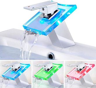 OEM Grifo Mezclador De Lavabo Con Cascada Led, Grifos De Lavabo, Grifo Mezclador De Fregadero, Grifo De Cristal Con Cascada Para Fregaderos De Cocina Y Ba