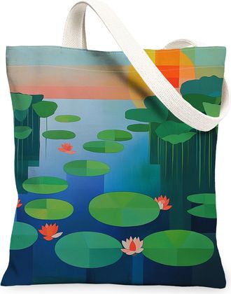Generic Spring Water Lily pad Canvas Tote Bag for Shopping 13x15, Garden Sun Lotus Leaf Scenic Reusable Grocery Print Bag for Women Men, Cool Floral Aesthetic