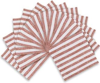 Solino Home Linen Cocktail Napkins Set of 12, 6 x 6 Inch for Dining Table, Holiday and Everyday Table Decor - Amalfi Stripe in Cinnamon And White at