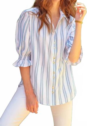 Finley Sirena Drop Needle Stripe Shirt In Aqua Blue & White