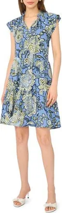 Halogen Floral Cap Sleeve Tiered Dress in Blue Multi at Nordstrom Rack, Size Large