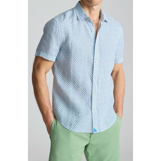 UNTUCKit Redcroft Microprint Short Sleeve Linen Button-Up Shirt in Blue at Nordstrom, Size X-Large