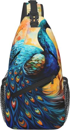 Generic Glass Background Blue Peacock Shoulder Bag With Zipper Sling Bag Adjustable Backpack For Men Runner Women