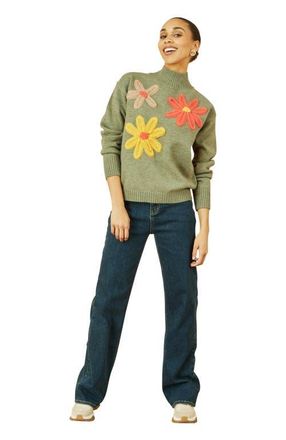Yumi Floral Detail High Neck Knit Sweater in Green at Nordstrom, Size Medium