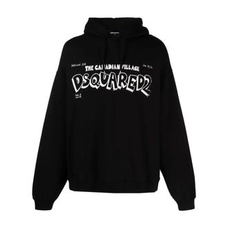 Dsquared2 Hoodies, male, Black, Size: XL Canadian Village Logo Loose Fit Hoodie