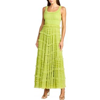 Mac Duggal Micro Ruffle Sleeveless Scoop Neck Tiered Maxi Dress in Apple Green at Nordstrom, Size 10