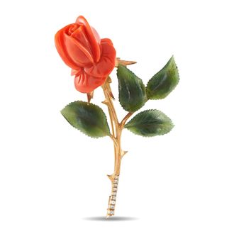 Luxury Bazaar 14K Rose Gold Diamond, Coral, and Jade Flower Brooch MF08-073026