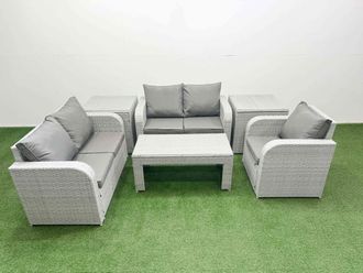 Fimous High Back Poly Rattan Garden Furniture Set w/ Reclining Chair Loveseat Sofa Oblong Coffee Table Indoor Outdoor Patio Set 2 Side Table Light