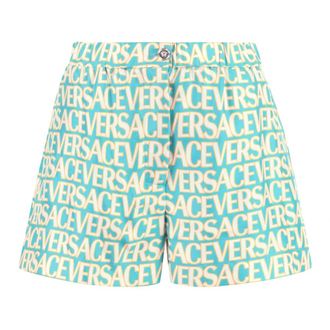 Versace Short Shorts, female, Blue, 2XS, Printed Silk Shorts