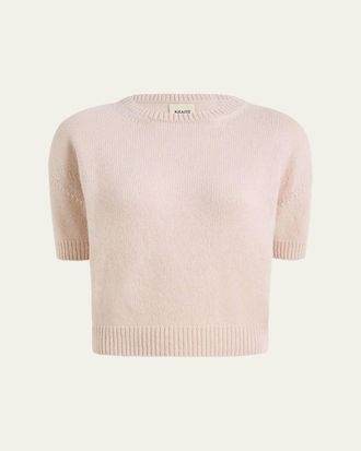 Khaite Shimmering Cashmere Short-Sleeve Crewneck Sweater