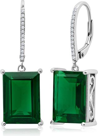MAX + STONE Sterling Silver Emerald Cut Quartz Dangle White Topaz Detail Leverback Earrings