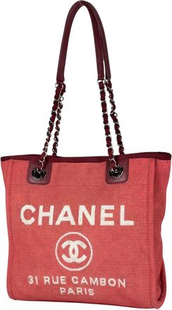 Chanel Deauville Red Color Canvas Leather Tote Bag (Pre-Owned)