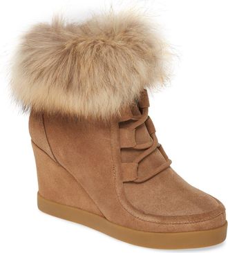 Cecelia New York Holly Wedge Bootie with Genuine Fox Fur Trim in Chestnut Suede at Nordstrom, Size 8