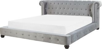 Beliani Cama De Agua De Terciopelo Gris Claro 180 X 200 Cm Cabecero Chesterfield Cavaillon
