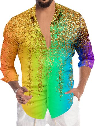 Generic Mens Sequin Shirt Long Sleeve Glitter SparkIe Shirt for Carnival Festival Party Nightclub Fancy Dress Shiny Disco Costume Tops Button Down for Men Sta