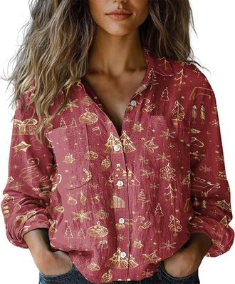 Generic Womens Casual Christmas Long Sleeve Button Down Shirt - Printed Holiday Patterns for Family Gatherings & Xmas Parties (UK, Alpha, XL, Regular, Regular