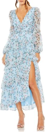 Mac Duggal Puff Sleeve Floral Printed Dress in Aqua Multi at Nordstrom, Size 12