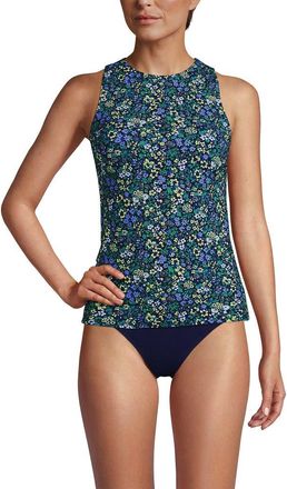 Lands End D-Cup Chlorine Resistant High Neck UPF 50 Sun Protection Modest Tankini Swimsuit Top in Navy Multi Ditsy Floral at Nordstrom, Size 4