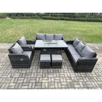 Fimous Fimous Garden Patio Furniture Wicker Rattan Gas Fire Pit Table and Sofa Chair set with 2 Small Footstools