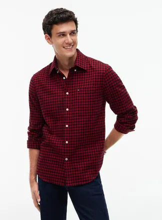 Tommy Hilfiger Mens Regular Fit Gingham Flannel Shirt - Regatta Red - XXL