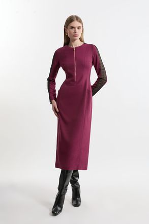 Karen Millen Womens Petite Tailored Twill Lace Mix Zip Front Midi Dress - Purple - Size 10 UK