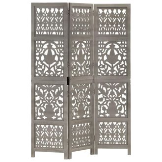 vidaXL Biombo 3 Paneles Tallado A Mano Madera De Mango Gris 120x165 Cm Vidaxl