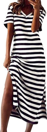 Generic Womens Summer Striped Maxi Dress with Short Sleeves and V-Neck, Casual, Loose, Long Beach Split Dresses, Checked Dresses, Womens Christmas, White, XXX