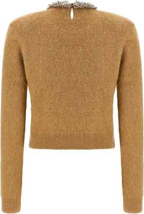 Self Portrait Jewel-Embroidered Crew Neck Sweater - Camel