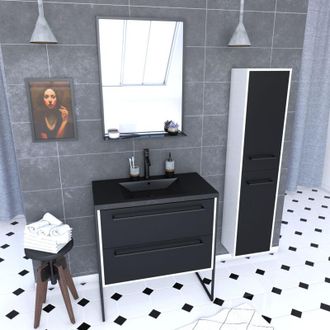 Aurlane Pack Mueble De Ba&ntilde;o 80x50, Lavabo Efecto Piedra +columna Negro Mate +espejo