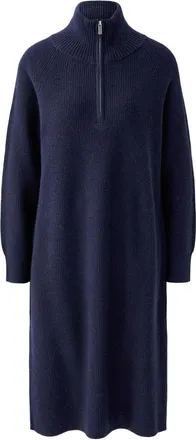 Oui Kleedjes, Dames, Blauw, XL, Wol, Ribbed Midi Jurk met Troyer Kraag