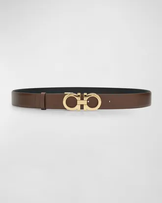 Ferragamo Gancini Reversible Brown Leather & Brass Belt