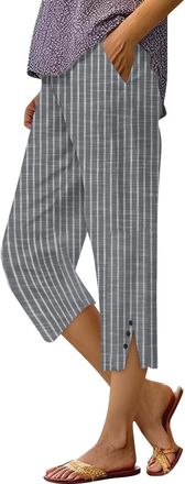 Generic Womens Fashionable Casual Buttons with Pockets Cotton and Linen Loose Shorts Striped Cotton and Linen Pants Vertical Stripe Denim Pants (Dark Gray, XX
