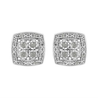 House of Brilliance Silver 1/4 Ct Round Diamond Square Shape Milgrain Stud Earrings in White at Nordstrom