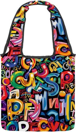 Generic Artistic Peace Alphabet Reversible Canvas Shoulder Tote - Double-Sided Print, 12oz Cotton, 27cm Drop, Fold-Flat Bag for Travel, Shopping, Street Outin