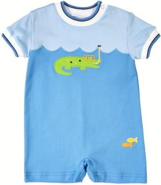 Florence Eiseman Knit Shortall With Scuba Alligator in Blue at Nordstrom, Size 12M