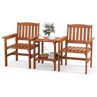 Costway Set di 3 Pezzi da Giardino, Tavolino e 2 Sedie da Patio in Legno, con Foro per Ombrellone, Set di Mobili da Esterno a 3 Pezzi per Giardino
