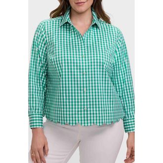 Foxcroft Scarlett Gingham Scallop Hem Button-Up Shirt in Kelly Green/White at Nordstrom, Size 2 X