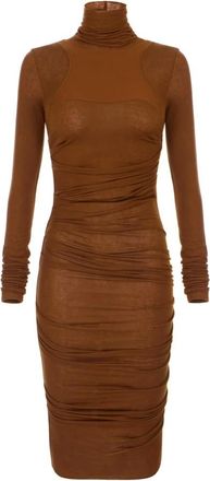 Elisabetta Franchi Kleedjes, Dames, Bruin, XL, Wol, Midi Jurk met Geribbelde Inzet