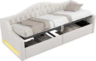 STILVORA Cama Div&aacute;n 90 X 200 Cm De Mdf Con Arc&oacute;n, Led Ajustable Y Cabecero Tapizado, Sin Colch&oacute;n, Beige