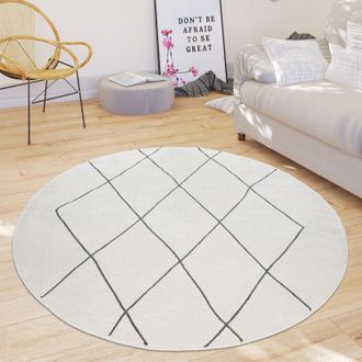 Paco Home Paco Home - Alfombra Sal&oacute;n Dise&ntilde;o Escandinavo Rombos Pelo Corto Moderna, Color Claro Blanco &Oslash; 160 Cm Redondo