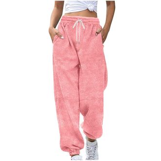 Generic Ladies Cropped Pyjamas Plush Pyjamas Bottoms Women Fuzzy Pajamas Trousers Checked Textured Pjs Pant with Pockets Drawstring Loose Cuffed Trouser Winte