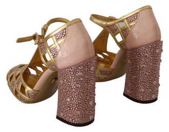 Dolce & Gabbana Womens Pink Gold Leather Crystal Pumps T-Strap Shoes Silk