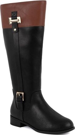 Jones New York Womens Riding Boots - Classic Knee-High Dress Boots with Gold Buckle Detail, Side Zipper, and Comfortable Low Heel for Work or Casual Wear, Black Cong