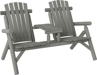 OUTSUNNY Wood Patio Bench 2 Seats w/ Centre Coffee Table - Grey | TJ Hughes