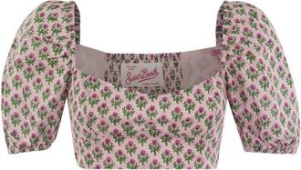MC2 Saint Barth Floral Print Puff Sleeve Crop Top - Dames - Blouses - Roze - XS - Overhemden