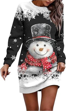 Generic Christmas Dresses for Women Ladies Christmas Jumper Xmas Sweater Dress Long Sleeve Sweater Dress Pullover Round Neck Santa Reindeer Snowflake Xmas Tre